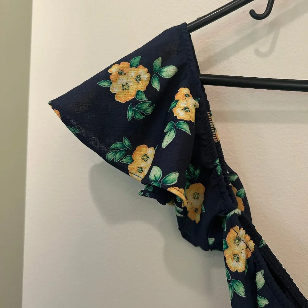 Everly mini dress, green/yellow floral on navy, sz S